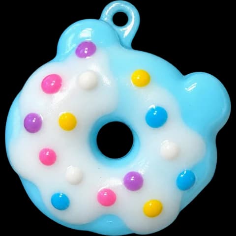 Blue donut-shaped charm with colorful dots, shown as an accessory example