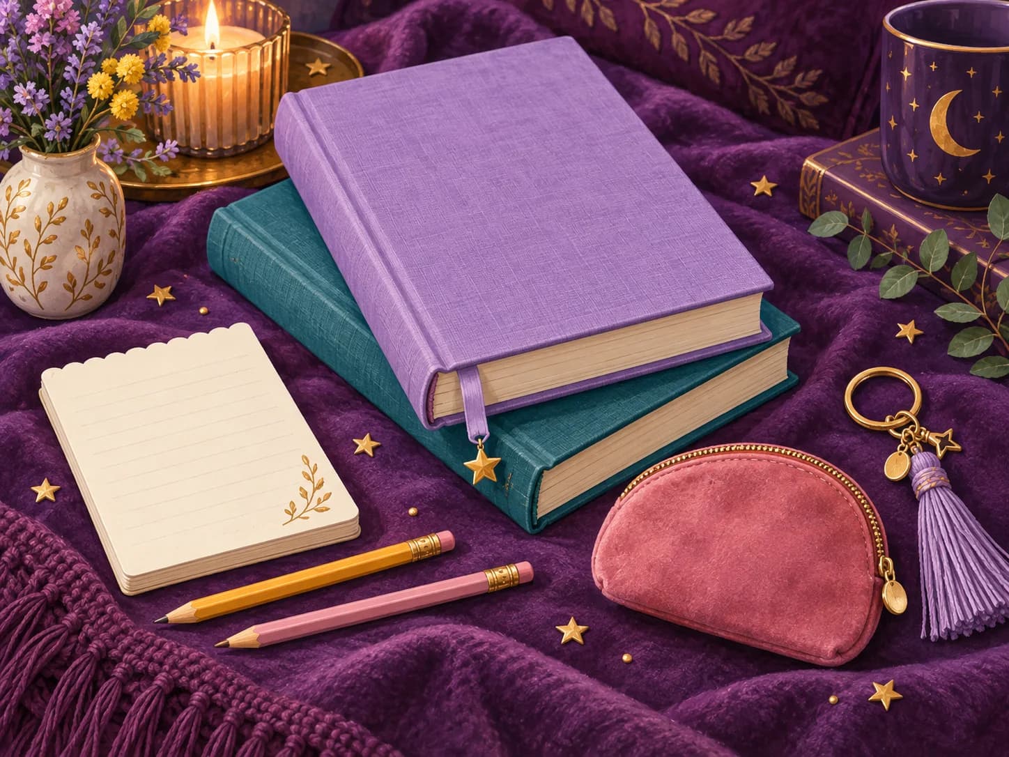 AI-created Book & Nook style illustration with books, a bookmark, notepad, pencils, and a pouch