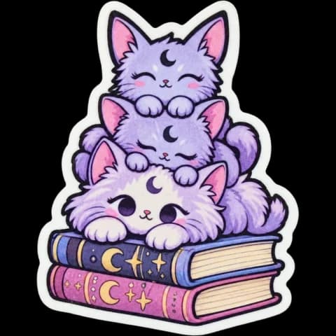 Purple cats on books, shown as a sticker example