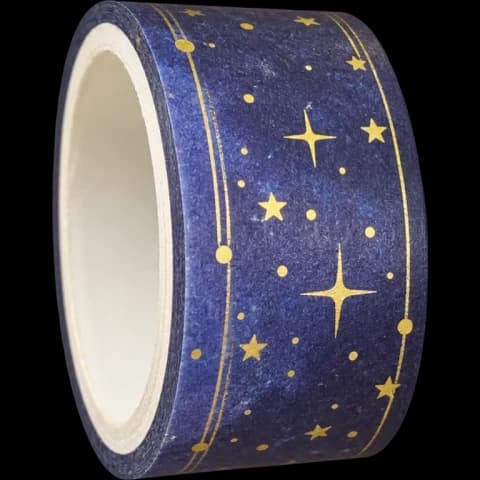 Dark blue decorative tape with gold stars, shown as a stationery example