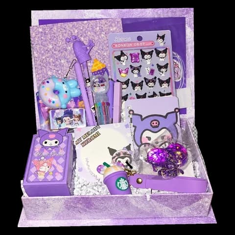 Lavender tray filled with small gifts, shown as prize examples