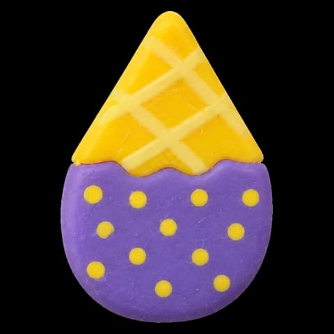 Purple and yellow treat-shaped accessory, shown as a prize example